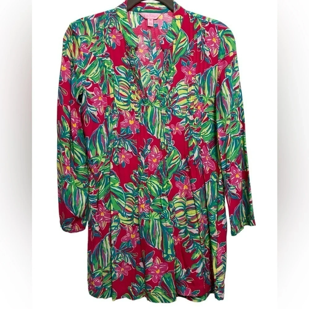 Lilly Pulitzer Sarasota Tunic Blouse Jungle Tumble Pomegranate print
size XS - Picture 2 of 8